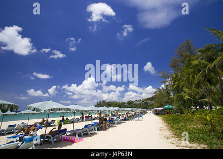 Thailand, Phuket, Kata Noi Beach, deck chairs, sunshades, Stock Photo