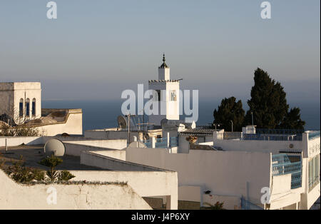 Tunisia, Sidi Bou Said, Old Town, local view, terrace, minaret, sea, evening light, Stock Photo