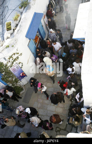 Tunisia, Sidi Bou Said, Old Town, lane, passer-by, overview, Stock Photo