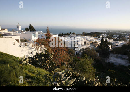 Tunisia, Sidi Bou Said, Old Town, local overview, sea, evening light, Stock Photo