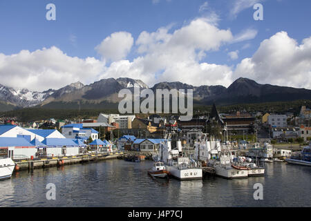 Argentina, Tierra del Fuego, Ushuaia, town view, harbour, Ushuaia Bay, Stock Photo