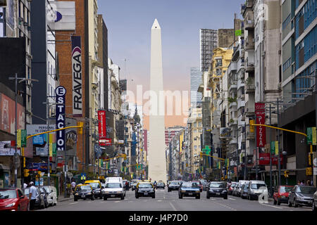 Argentina, Buenos Aires, Avenida Corrientes, obelisk, houses, advertisement signs, cars, Stock Photo