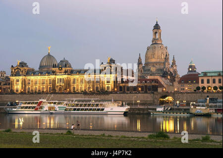 Germany, Saxony, Dresden, Old Town, Church of Our Lady, the Elbe, dusk, Stock Photo