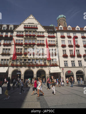 Germany, Bavaria, Munich, Kaufingerstrasse, department store, crowd of people, Upper Bavaria, town, centre, structure, building, house, facade, traditional department store, Hirmer, architecture, person, shops, pedestrian area, passer-by, shopping, tourist, Stock Photo