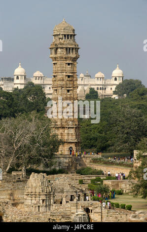 India, Rajasthan, Chittorgarh, fortress, tower of the victory, Jaya Stambha, Stock Photo