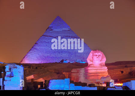Light show in the pyramids of Gizeh, Egypt, Cairo, Stock Photo