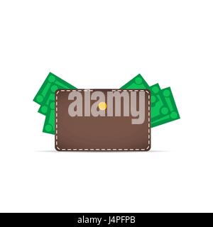 Brown wallet with money. Dollars stick out of the wallet Stock Vector