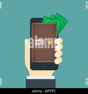 Mobile wallet in the smartphone. Wallet on the phone screen Stock Vector