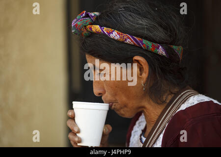Guatemala, Jacaltenango, market, woman, mug, drink, page portrait, Stock Photo