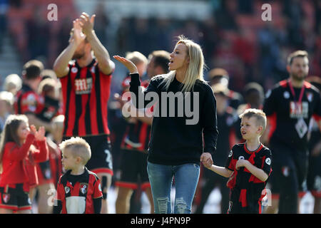 AFC Bournemouth manager Eddie Howe's wife Vicky Howe celebrates on the pitch after the final whistle of the Premier League match at the Vitality Stadium, Bournemouth. PRESS ASSOCIATION Photo. Picture date: Saturday May 13, 2017. See PA story SOCCER Bournemouth. Photo credit should read: Steven Paston/PA Wire. RESTRICTIONS: EDITORIAL USE ONLY No use with unauthorised audio, video, data, fixture lists, club/league logos or 'live' services. Online in-match use limited to 75 images, no video emulation. No use in betting, games or single club/league/player publications. Stock Photo