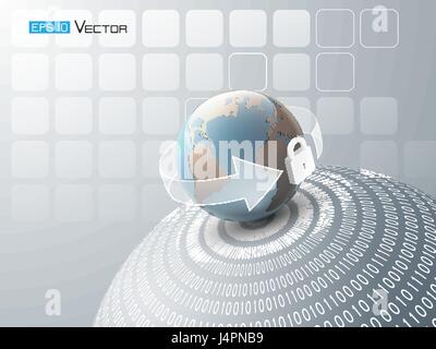 security data design, vector illustration eps10 graphic. including sphere with world map, binary code, arrow , lock and blue color. Used a clipping an Stock Vector