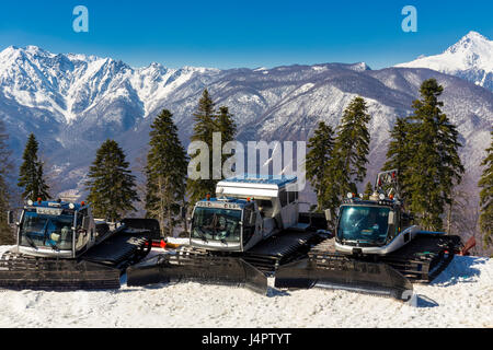 RUSSIA, SOCHI, GORKY GOROD - MARCH 29, 2017: Snowcat machines on slopes of Gorky Gorod ski resort are ready for night work Stock Photo