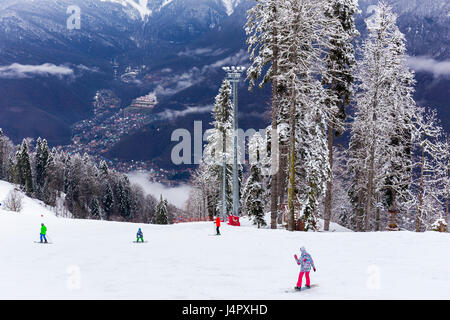 RUSSIA, SOCHI, GORKY GOROD - MARCH 26, 2017: View of slopes of Gorky Gorod ski resort Stock Photo