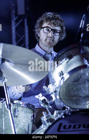 Public Service Broadcasting performing live in concert at the Edinburgh Usher hall  Public Service Broadcasting are anmusical duo consisting of J. Willgoose, Esq. on guitar, banjo, other stringed instruments, samplings and electronic instruments; and Wrigglesworth on drums, piano and electronic instruments.  Featuring: Wrigglesworth Where: Edinburgh, United Kingdom When: 12 Apr 2017 Credit: Alan Rennie/WENN.com Stock Photo