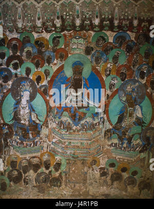 Yulin Cave 2, located in China, features a wall painting from the Western Xia period (1038â€“1227 AD). The painting depicts a scene of preaching, showcasing Buddhist religious practices and the cultural influences during the era of the Western Xia dynasty. Stock Photo