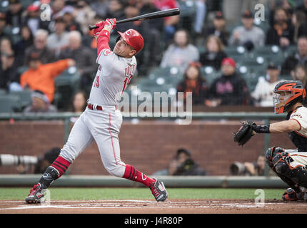 San Francisco, California, USA. 11th May, 2017. Cincinnati Reds first baseman Joey Votto (19) watches a high fly during a MLB game between the Cincinnati Reds and the San Francisco Giants at AT&T Park in San Francisco, California. Credit: csm/Alamy Live News Stock Photo