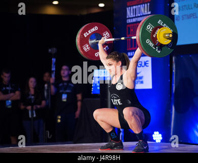 May 13, 2017: Mattie Rogers competes in the 69 kilo class kilo class at the USA Weightlifting National Championships in Lombard, Illinois, USA. Brent Clark/Alamy Live News Stock Photo