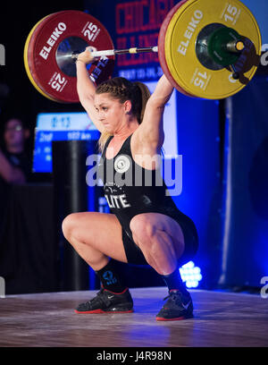 May 13, 2017: Mattie Rogers competes in the 69 kilo class kilo class at the USA Weightlifting National Championships in Lombard, Illinois, USA. Brent Clark/Alamy Live News Stock Photo