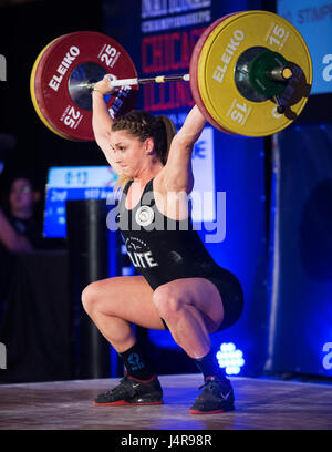 May 13, 2017: Mattie Rogers competes in the 69 kilo class kilo class at the USA Weightlifting National Championships in Lombard, Illinois, USA. Brent Clark/Alamy Live News Stock Photo