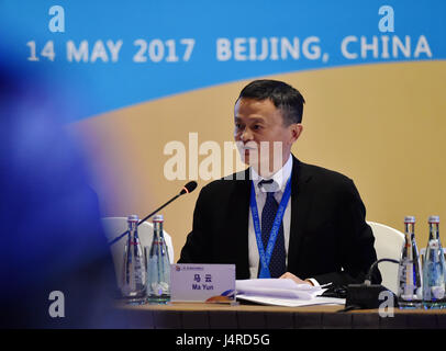 Beijing, China. 14th May, 2017. Ma Yun (Jack Ma), Executive Chairman of Alibaba Group, delivers a keynote speech at the Thematic Session on Connectivity of Development Policies and Strategies of the Belt and Road Forum (BRF) for International Cooperation in Beijing, capital of China, May 14, 2017. Credit: Zhang Chenlin/Xinhua/Alamy Live News Stock Photo