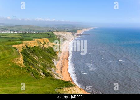 Bridport, Dorset, UK. 14th May 2017. UK Weather.   View East towards West Bay from the cliff top of Thorncombe Beacon above Eype near Bridport in Dorset on a warmy sunny afternoon.  Photo Credit: Graham Hunt/Alamy Live News Stock Photo