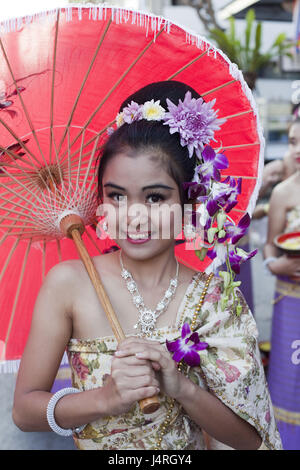 Thailand, Chiang May, Chiang May Flower Festival, woman, floral decoration, display screen, dress, traditionally, half portrait, no model release,