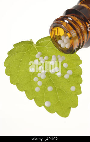 Alternative medicine, homoeopathy, Globuli, leaves, studio, medium close-up, Stock Photo