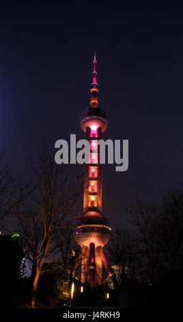 The landmark Oriental Pearl Tower at night in Lujiazui Financial District in Shanghai, China, February 26, 2016. Stock Photo