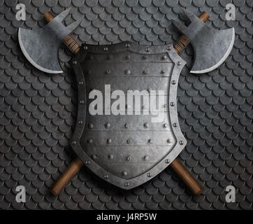 medieval round shield and crossed axes isolated 3d illustration Stock ...