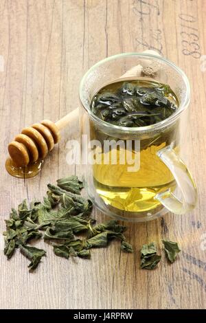 sage tea in a double wall glass mug on wooden background
