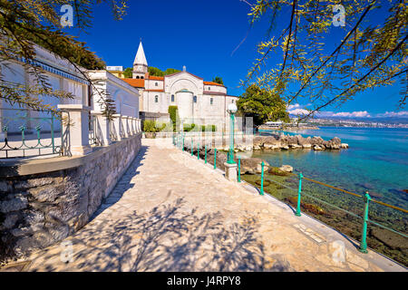 Adriatic town of Opatija watefront walkway and church view, Kvarner bay, Croatia Stock Photo