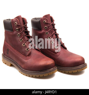 Timberland AF 6 Inch Premium Waterproof Burgundy/Metallic Women's Leather Boots - A12MF Stock Photo