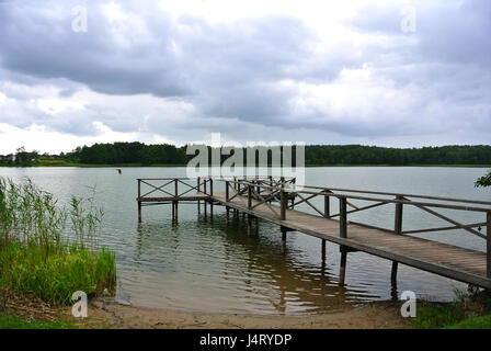 Rainy day at Trakai natural park, a view to a lake, forest, wooden bench and wooden quay, Lithuania. Stock Photo