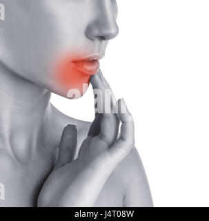 Herpes concept. Close-up of young woman touching lips affected by herpes Stock Photo