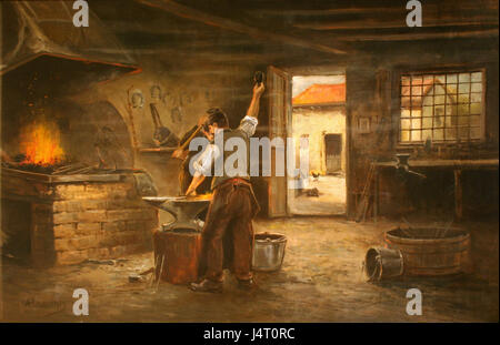 The Blacksmith's Studio is a depiction of a traditional workshop where blacksmiths forge and shape metal items. It offers a view into the tools, techniques, and craftsmanship involved in blacksmithing, showcasing a craft central to industrial and pre-industrial societies. Stock Photo