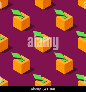 Seamless pattern of cubic oranges on violet background. Retro design concept, Clipping mask used. Stock Vector