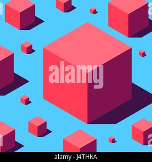 Abstract geometry composition of various sizes red cubes on light blue background. Retro design concept. Clipping mask used! Stock Vector
