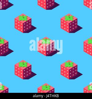 Seamless pattern of cubic strawberries on light blue background. Retro design concept, Clipping mask used. Stock Vector