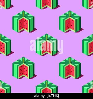 Seamless pattern of cubic watermelons on light blue background. Retro design concept, Clipping mask used. Stock Vector