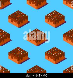 Seamless pattern of cubic chocolate donuts on light blue background. Retro design concept, Clipping mask used. Stock Vector