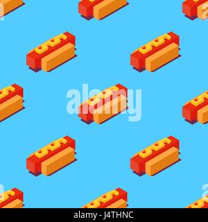 Seamless pattern of stylized cubic hot dogs on blue background. Retro design concept, Clipping mask used. Stock Vector