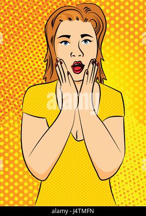 Retro classic comic book, cartoon illustrated surprised woman. Stock Vector