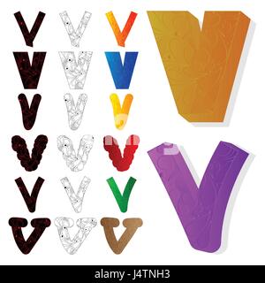 Vector illustrated set of letter V, filled with floral elements. Stock Vector