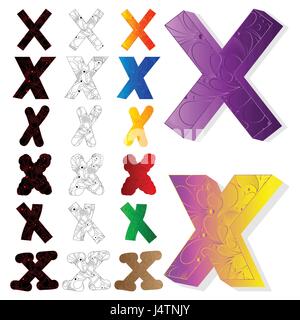 Vector illustrated set of letter X, filled with floral elements. Stock Vector