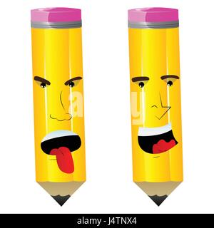 Two vector illustrated cartoon pencil characters with facial expressions. Stock Vector