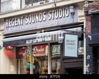 The historic Regent Sounds Studio, now a guitar  shop, in Denmark Street London, a central part of the London music scene. See notes for history. Stock Photo