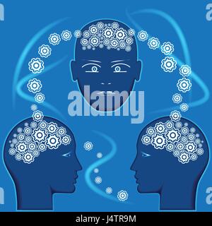 Gears in the form of brain in heads of people, concept for communications, thinking of people, information interchange. Stock Vector