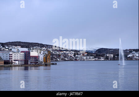 The Selbanes Seil, Selbanes Sail, fountain in Harstad harbour. Harstad, Troms, Norway. Stock Photo