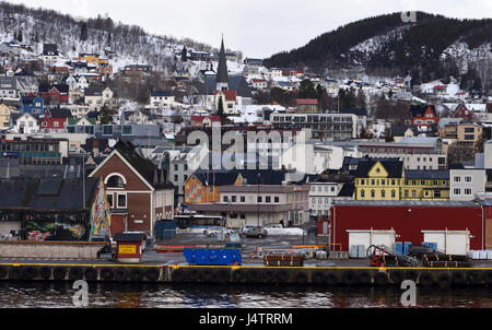 The waterfront of  Harstad harbour in winter. Harstad, Troms, Norway. Stock Photo