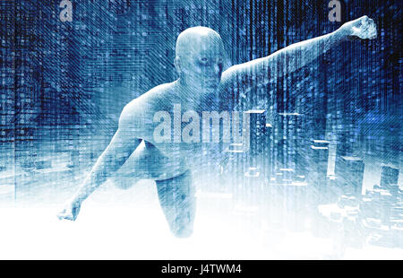 Machine learning , Deep learning and artificial intelligence concept. 3D rendering of Robot hero ai , Electric circuit graphic , building and matrix b Stock Photo